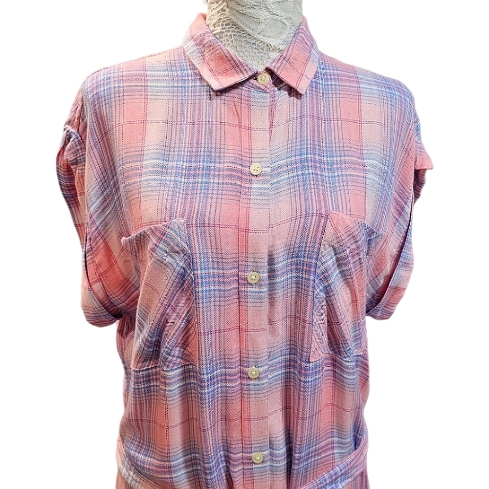 GAP Pink Plaid Button Up Shirtdress Size Medium Tall Belted Lightweight Rayon - Picture 6 of 9